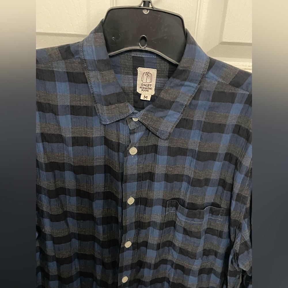 HIROSHI KATO Seeruker Blue Grey Block Plaid Shirt - Sz M